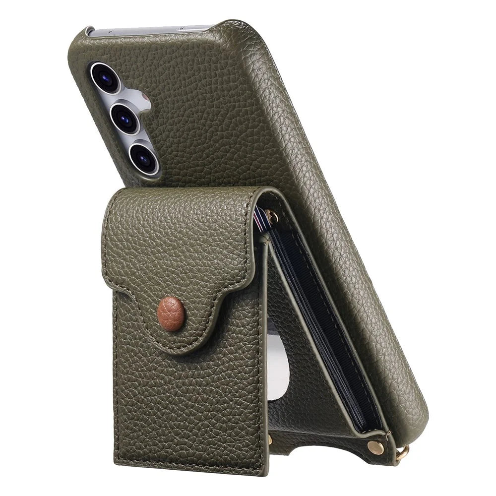 For Samsung Galaxy A16 5G  /  4G Case Mirror Card Holder Litchi Texture Leather Phone Back Cover with Long Strap - Midnight Green - 3