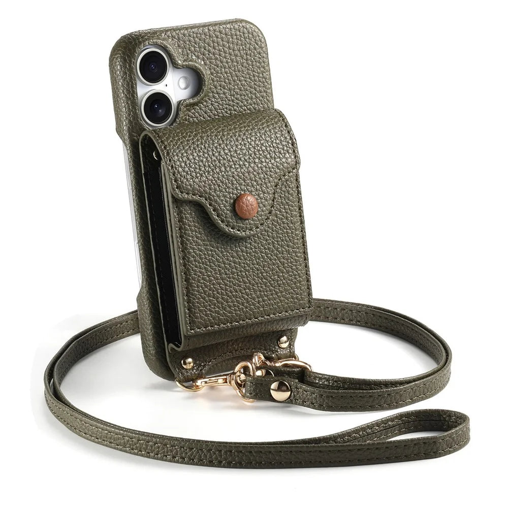For Samsung Galaxy A16 5G  /  4G Case Mirror Card Holder Litchi Texture Leather Phone Back Cover with Long Strap - Midnight Green - 6