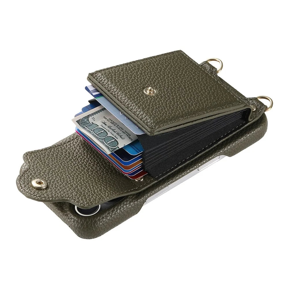 For Samsung Galaxy A16 5G  /  4G Case Mirror Card Holder Litchi Texture Leather Phone Back Cover with Long Strap - Midnight Green - 7