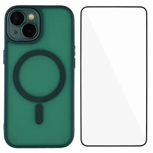 WANLONFENG For iPhone 13 6.1 inch Case Compatible with MagSafe  QB Series PC TPU Phone Cover with Screen Film - Dark Green - 1