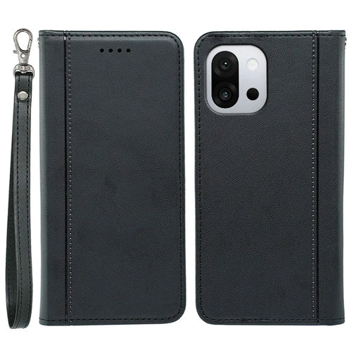 For OnePlus 13T 5G Wallet Case Magnetic Closing PU Leather Phone Cover with Wrist Strap - Black - 1