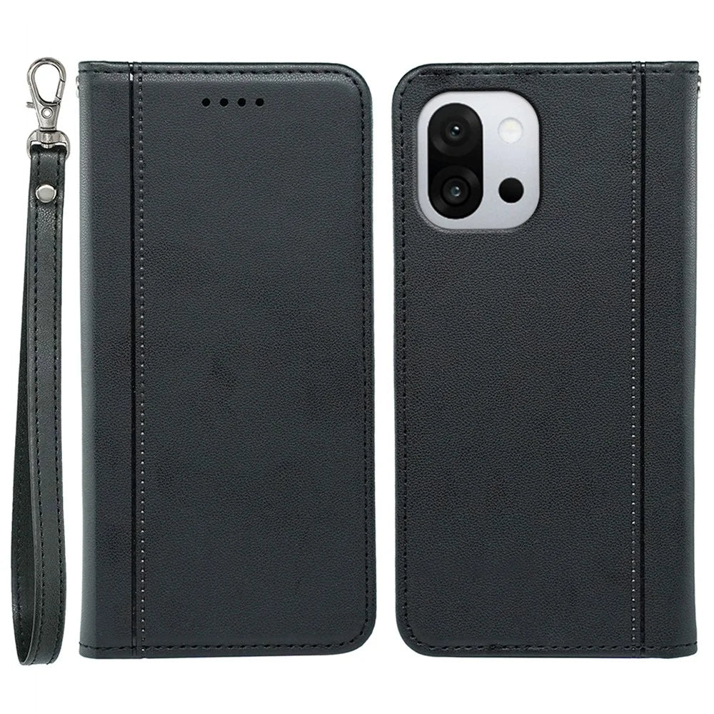 For OnePlus 13T 5G Wallet Case Magnetic Closing PU Leather Phone Cover with Wrist Strap - Black - 1
