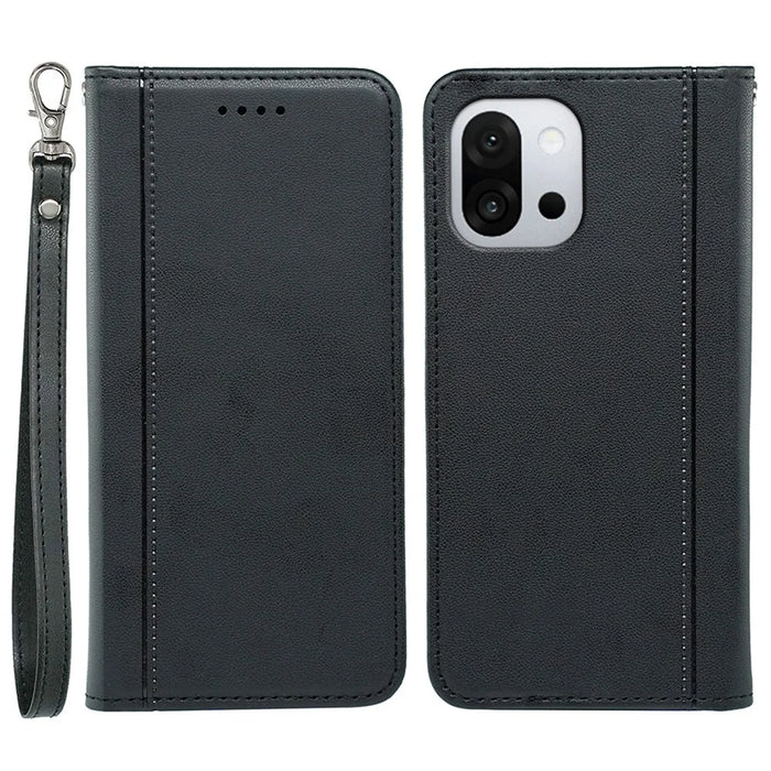 For OnePlus 13T 5G Wallet Case Magnetic Closing PU Leather Phone Cover with Wrist Strap - Black - 1