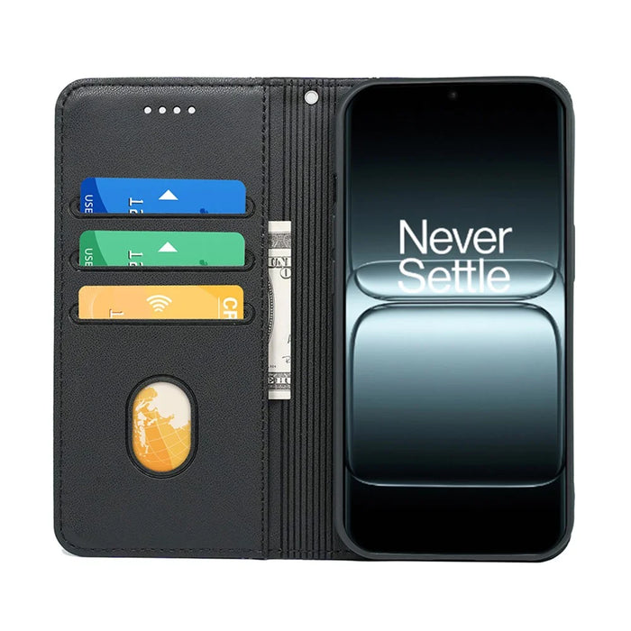 For OnePlus 13T 5G Wallet Case Magnetic Closing PU Leather Phone Cover with Wrist Strap - Black - 2