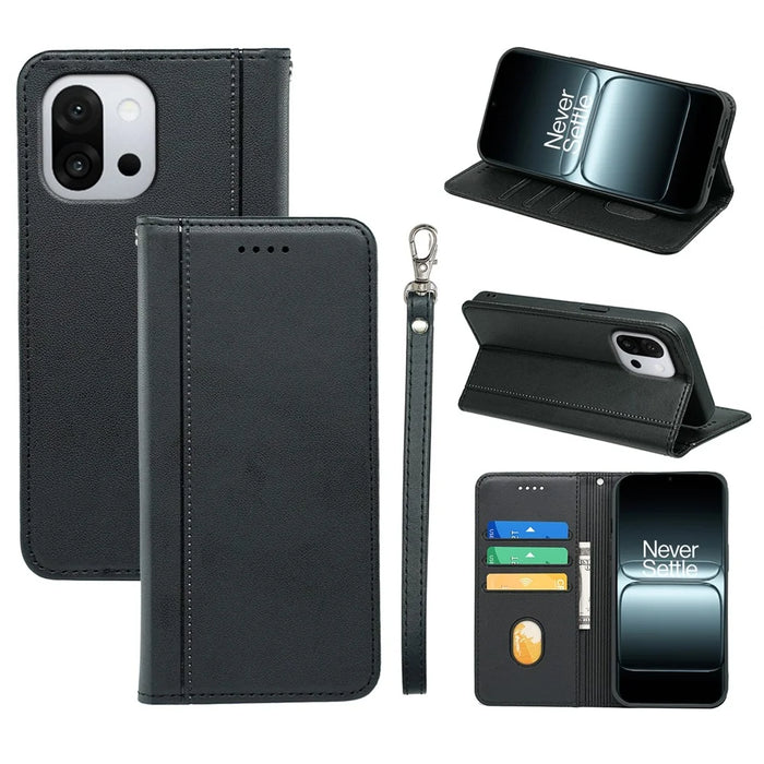 For OnePlus 13T 5G Wallet Case Magnetic Closing PU Leather Phone Cover with Wrist Strap - Black - 7