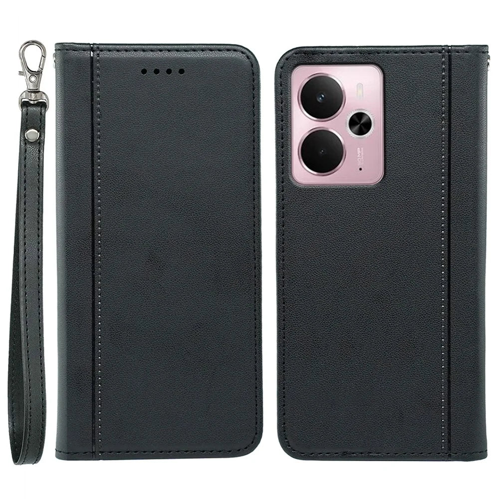 For Realme 14 5G Wallet Case Magnetic Closing PU Leather Phone Cover with Wrist Strap - Black - 1