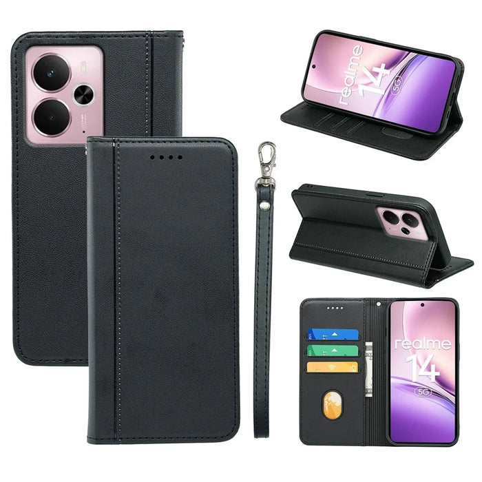 For Realme 14 5G Wallet Case Magnetic Closing PU Leather Phone Cover with Wrist Strap - Black - 7