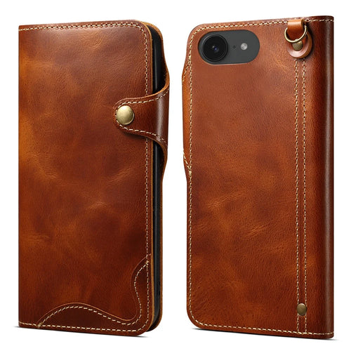 For iPhone 17e / 16e Case Wallet Waxy Genuine Cow Leather Shockproof Phone Cover with Wrist Strap - Brown - 1