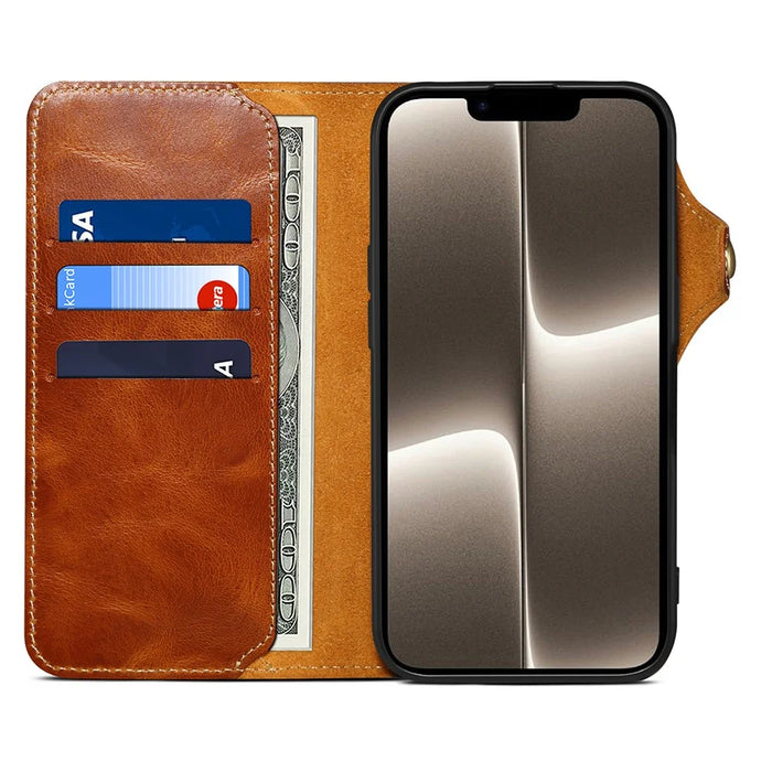 For iPhone 17e / 16e Case Wallet Waxy Genuine Cow Leather Shockproof Phone Cover with Wrist Strap - Brown - 2