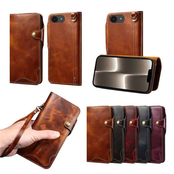 For iPhone 17e / 16e Case Wallet Waxy Genuine Cow Leather Shockproof Phone Cover with Wrist Strap - Brown - 5