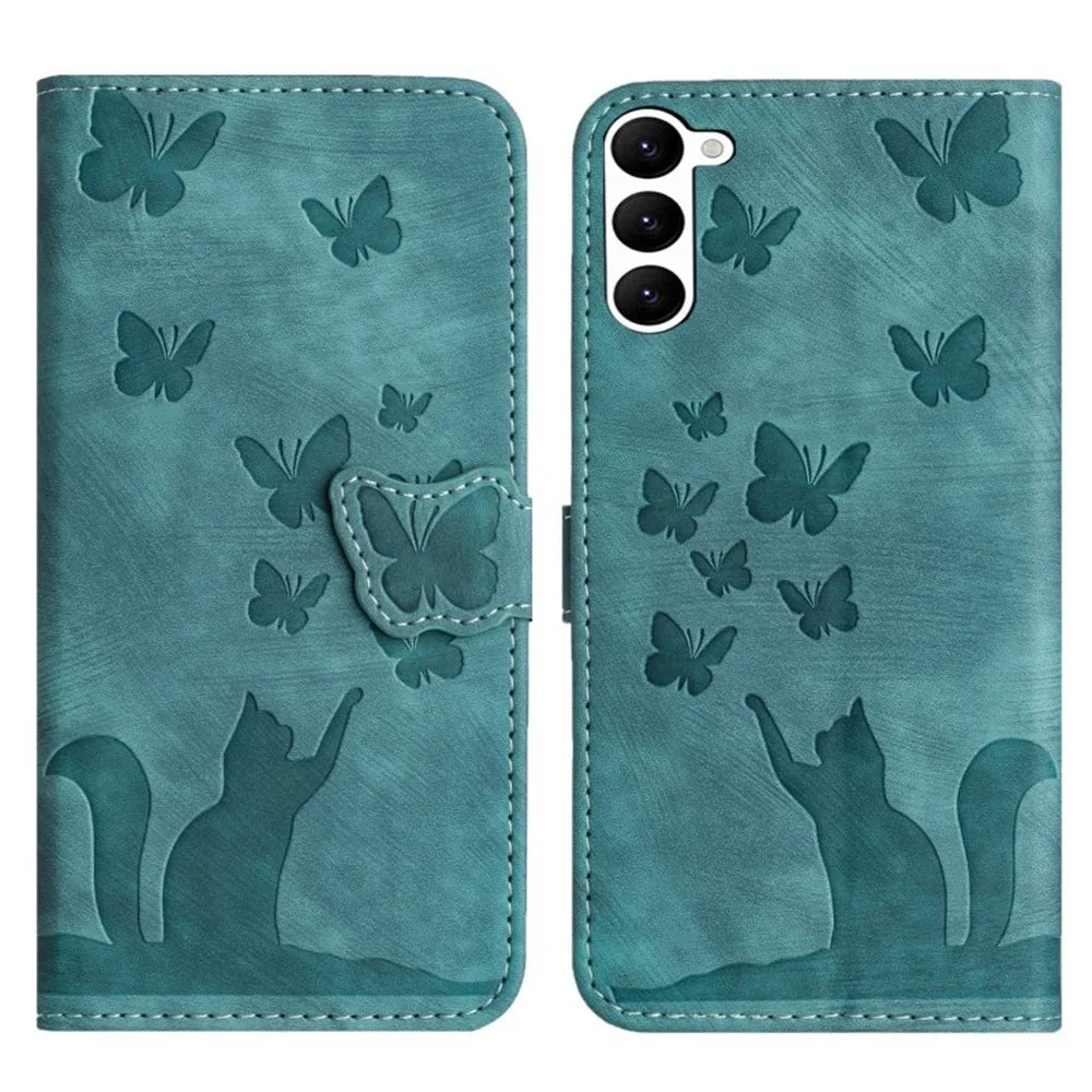 WANLONFENG For Samsung Galaxy S23+ Leather Case  HDM Series Butterfly Cat Pattern Wallet Phone Cover - Blue - 1