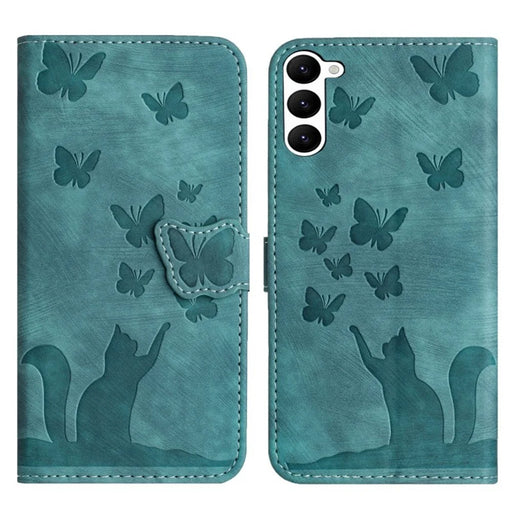 WANLONFENG For Samsung Galaxy S23+ Leather Case  HDM Series Butterfly Cat Pattern Wallet Phone Cover - Blue - 1