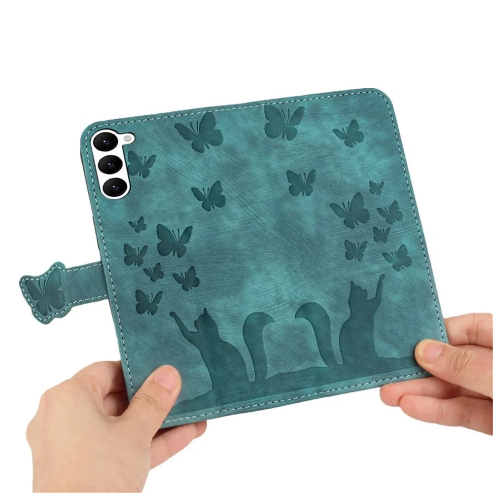 WANLONFENG For Samsung Galaxy S23+ Leather Case  HDM Series Butterfly Cat Pattern Wallet Phone Cover - Blue - 3
