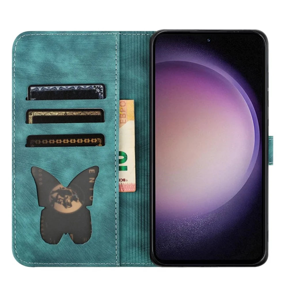 WANLONFENG For Samsung Galaxy S23+ Leather Case  HDM Series Butterfly Cat Pattern Wallet Phone Cover - Blue - 5