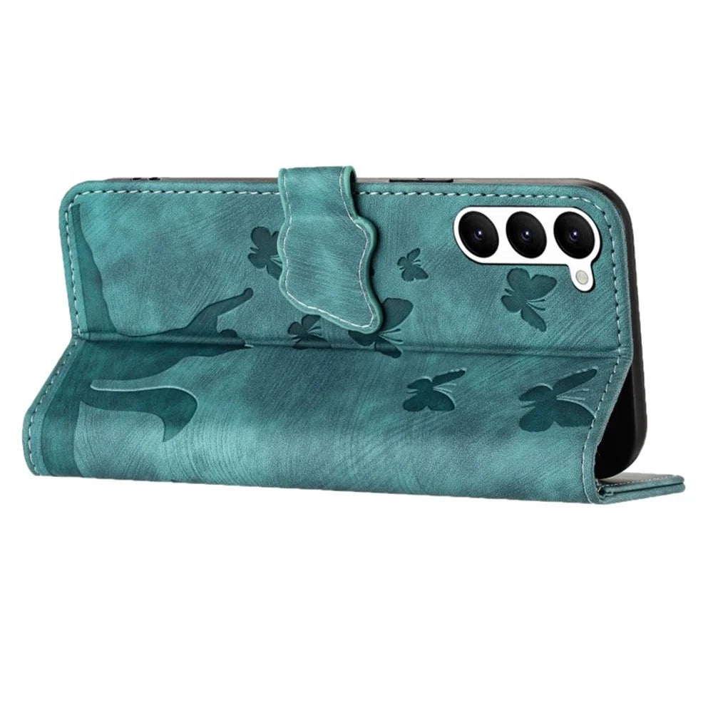 WANLONFENG For Samsung Galaxy S23+ Leather Case  HDM Series Butterfly Cat Pattern Wallet Phone Cover - Blue - 6