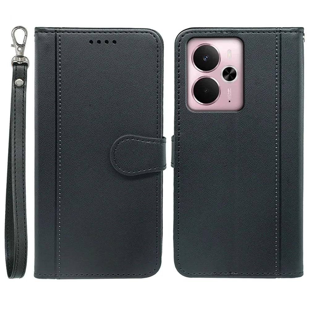 For Realme 14 5G Wallet Case Magnetic Snap Leather Phone Cover with Strap - Black - 1