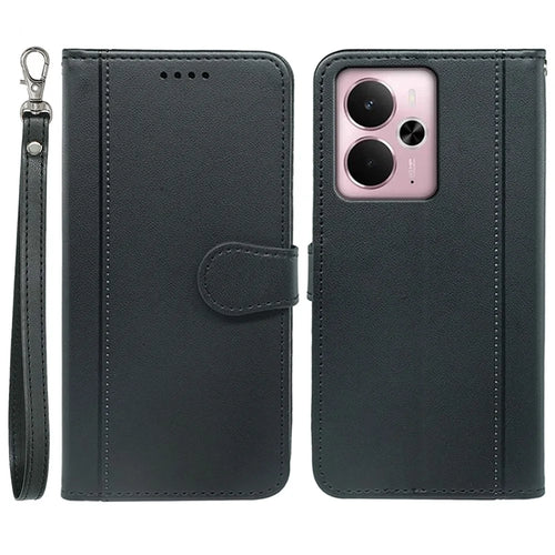 For Realme 14 5G Wallet Case Magnetic Snap Leather Phone Cover with Strap - Black - 1
