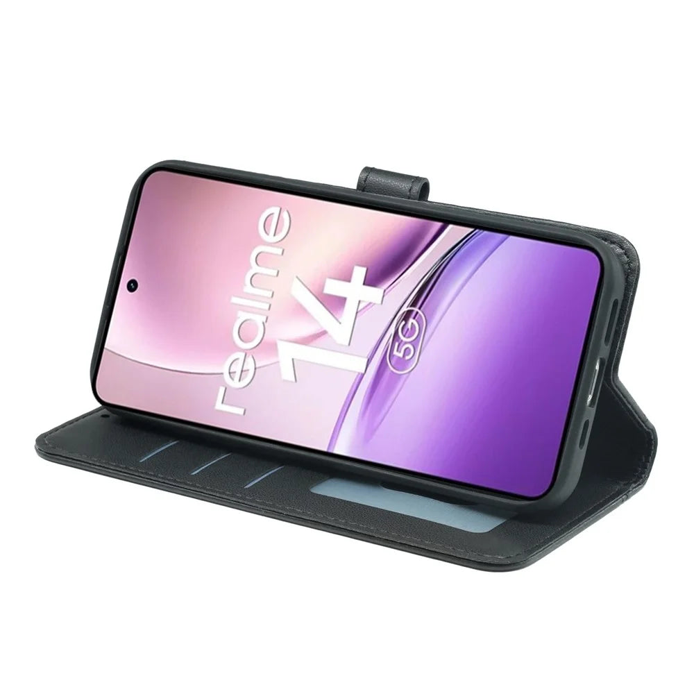 For Realme 14 5G Wallet Case Magnetic Snap Leather Phone Cover with Strap - Black - 2