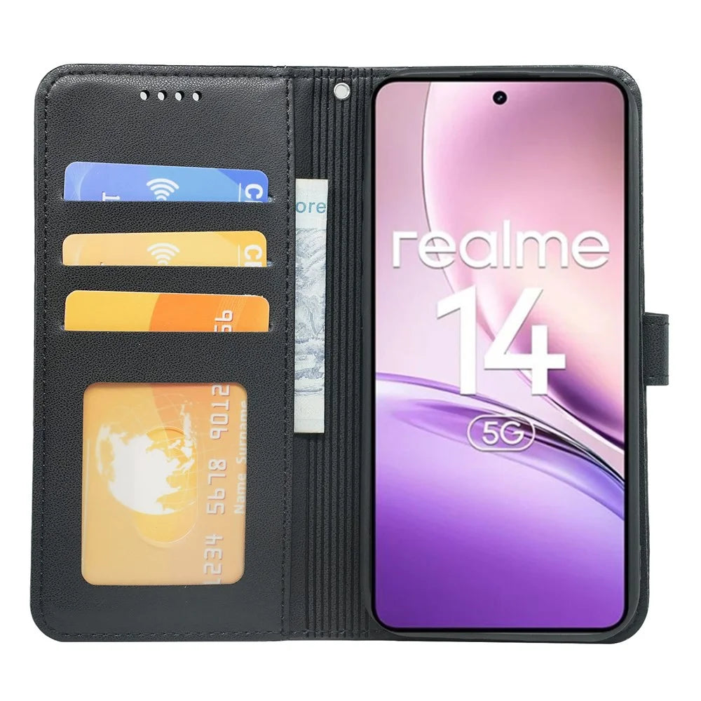 For Realme 14 5G Wallet Case Magnetic Snap Leather Phone Cover with Strap - Black - 3