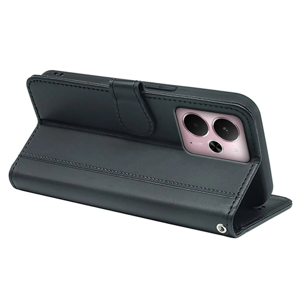 For Realme 14 5G Wallet Case Magnetic Snap Leather Phone Cover with Strap - Black - 4