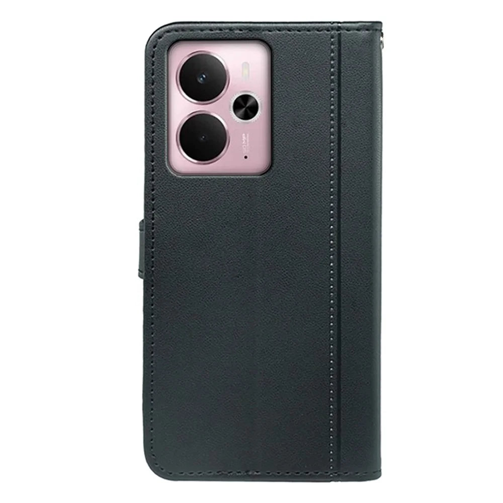 For Realme 14 5G Wallet Case Magnetic Snap Leather Phone Cover with Strap - Black - 6