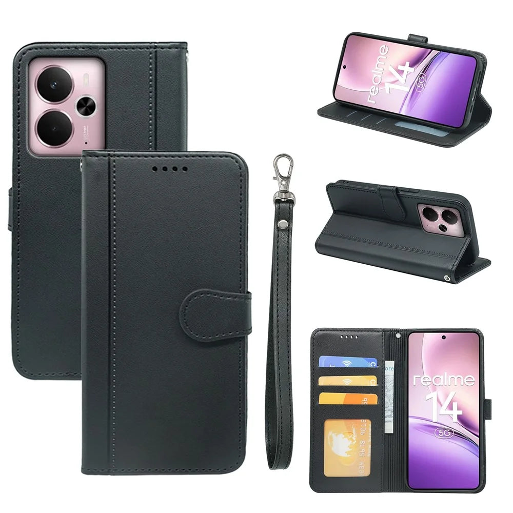 For Realme 14 5G Wallet Case Magnetic Snap Leather Phone Cover with Strap - Black - 7