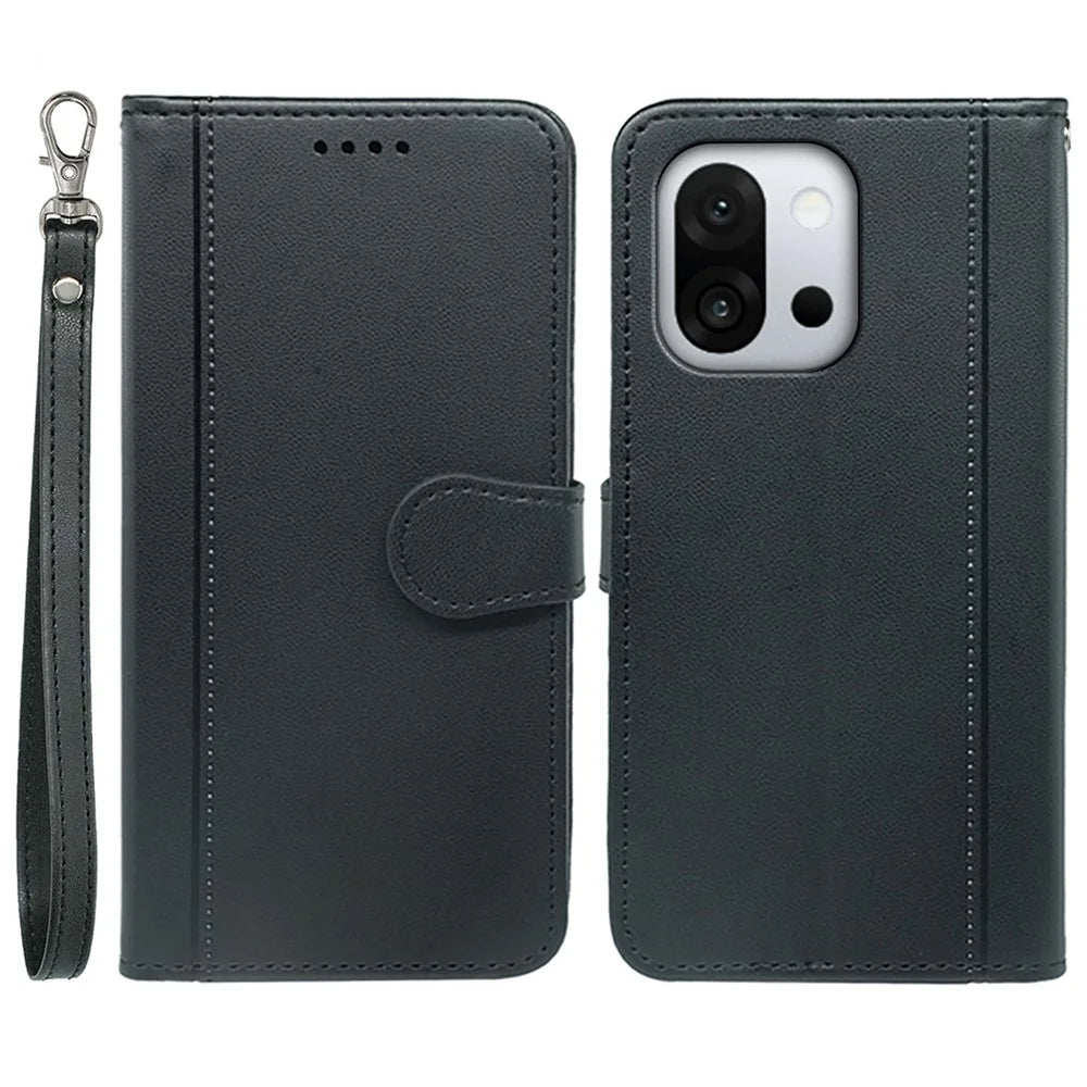 For OnePlus 13T 5G Wallet Case Magnetic Snap Leather Phone Cover with Strap - Black - 1