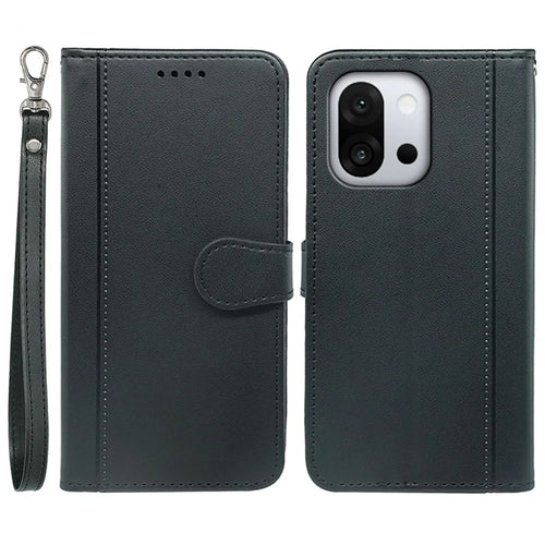 For OnePlus 13T 5G Wallet Case Magnetic Snap Leather Phone Cover with Strap - Black - 1