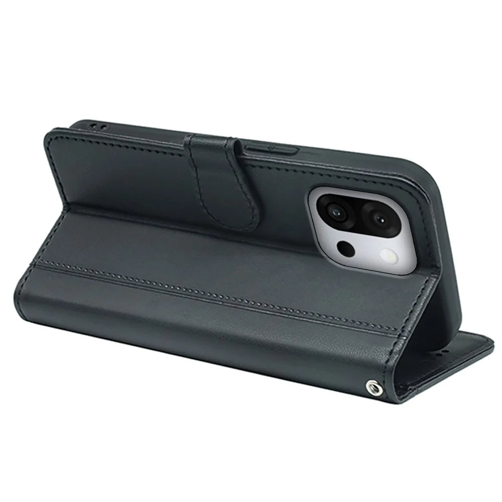 For OnePlus 13T 5G Wallet Case Magnetic Snap Leather Phone Cover with Strap - Black - 4