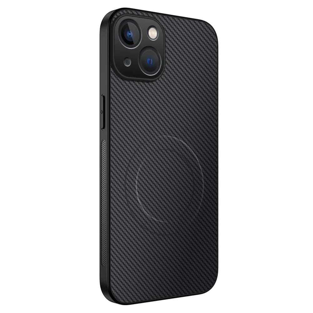 WANLONFENG For iPhone 14 Case Compatible with MagSafe  TQ Series Carbon Fiber Texture PC TPU Phone Cover - Black - 1