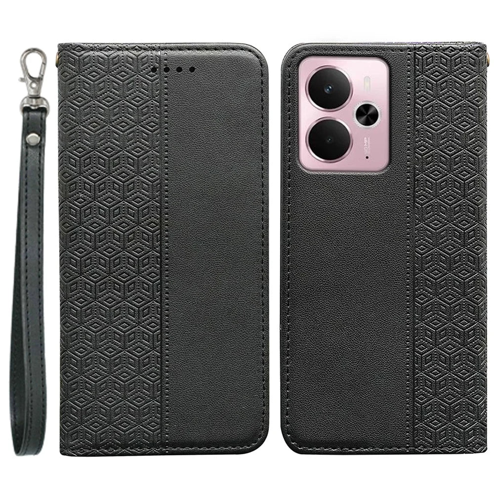 For Realme 14 5G Wallet Phone Case Checkered Pattern Imprint Leather Flip Cover with Wrist Strap - Black - 1