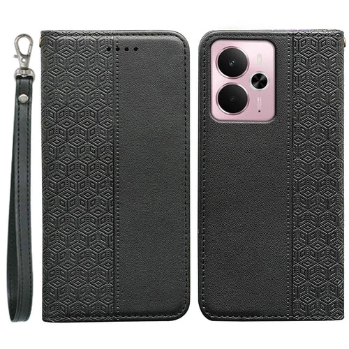 For Realme 14 5G Wallet Phone Case Checkered Pattern Imprint Leather Flip Cover with Wrist Strap - Black - 1