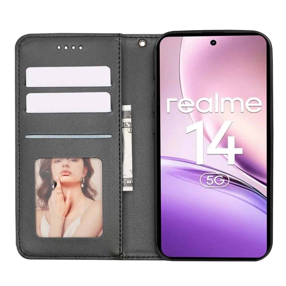 For Realme 14 5G Wallet Phone Case Checkered Pattern Imprint Leather Flip Cover with Wrist Strap - Black - 2
