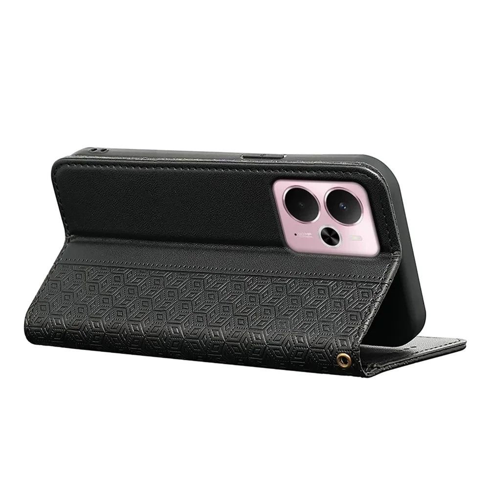 For Realme 14 5G Wallet Phone Case Checkered Pattern Imprint Leather Flip Cover with Wrist Strap - Black - 4