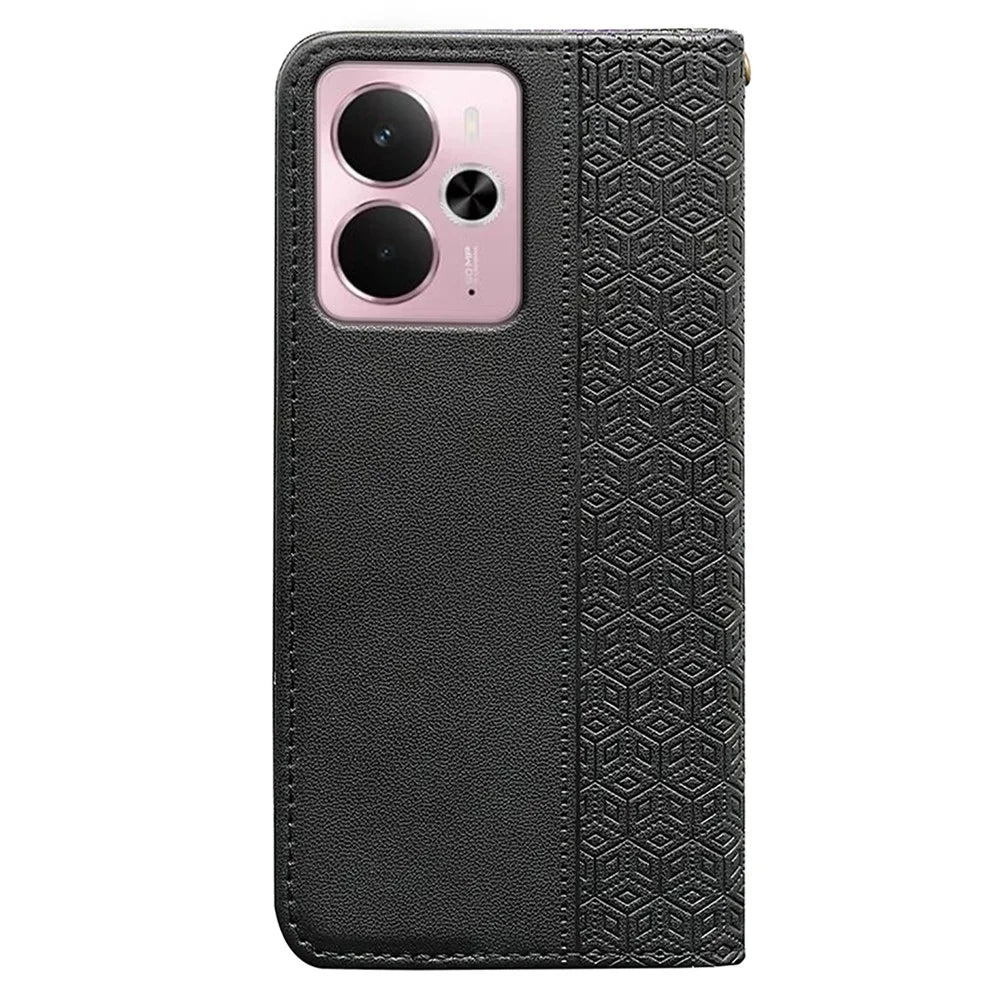 For Realme 14 5G Wallet Phone Case Checkered Pattern Imprint Leather Flip Cover with Wrist Strap - Black - 6