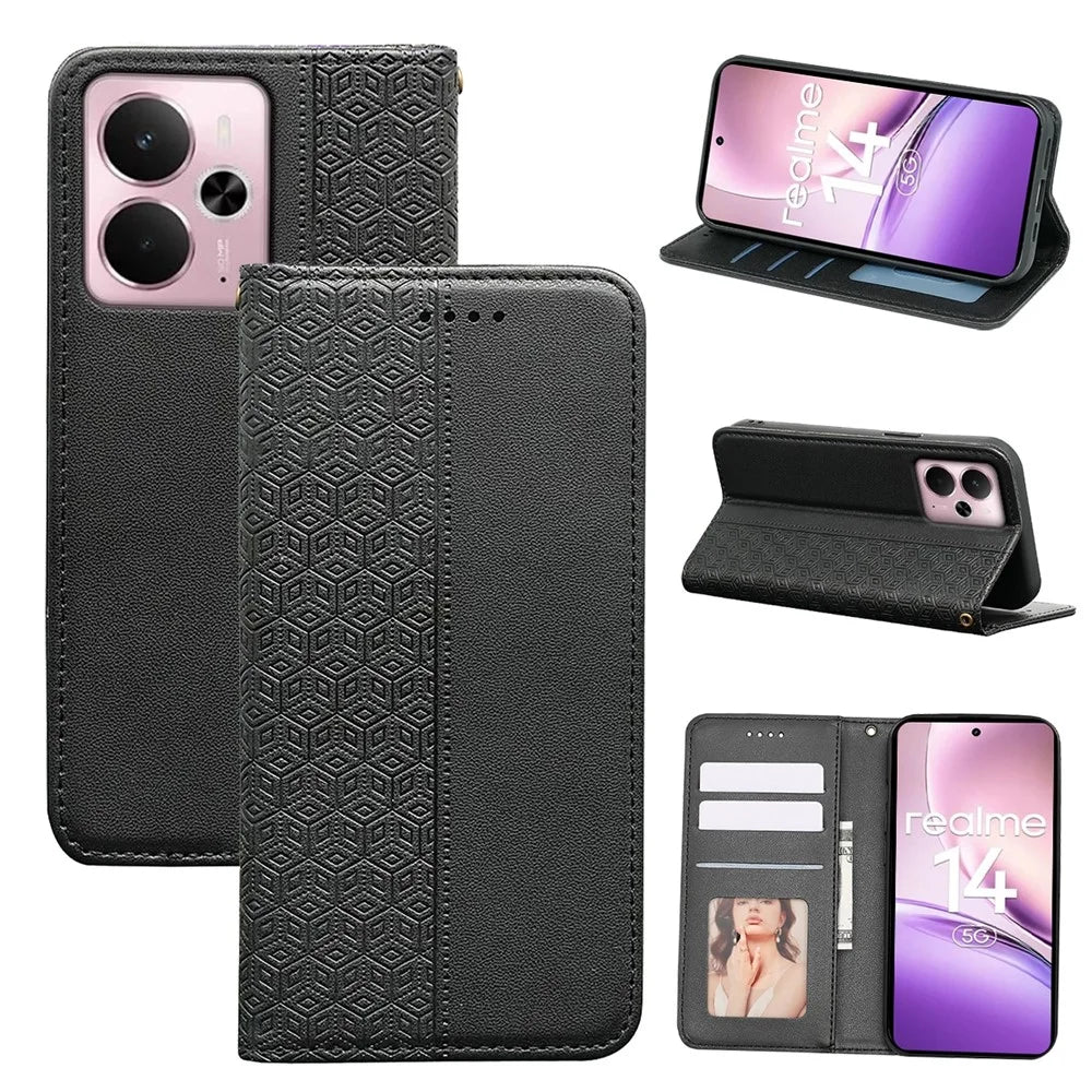For Realme 14 5G Wallet Phone Case Checkered Pattern Imprint Leather Flip Cover with Wrist Strap - Black - 7