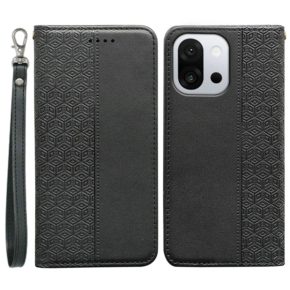 For OnePlus 13T 5G Wallet Phone Case Checkered Pattern Imprint Leather Flip Cover with Wrist Strap - Black - 1