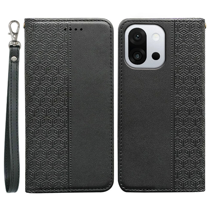 For OnePlus 13T 5G Wallet Phone Case Checkered Pattern Imprint Leather Flip Cover with Wrist Strap - Black - 1