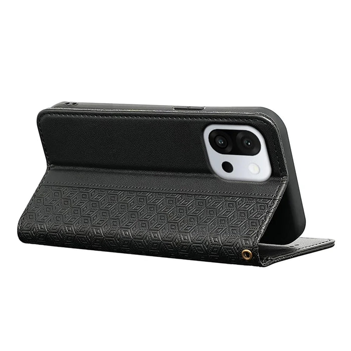 For OnePlus 13T 5G Wallet Phone Case Checkered Pattern Imprint Leather Flip Cover with Wrist Strap - Black - 4