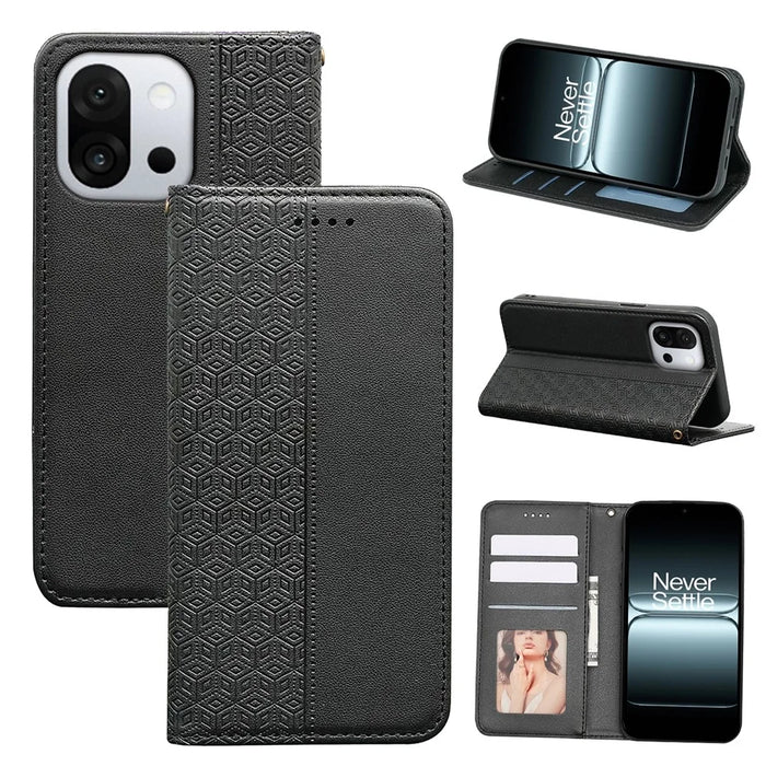 For OnePlus 13T 5G Wallet Phone Case Checkered Pattern Imprint Leather Flip Cover with Wrist Strap - Black - 7