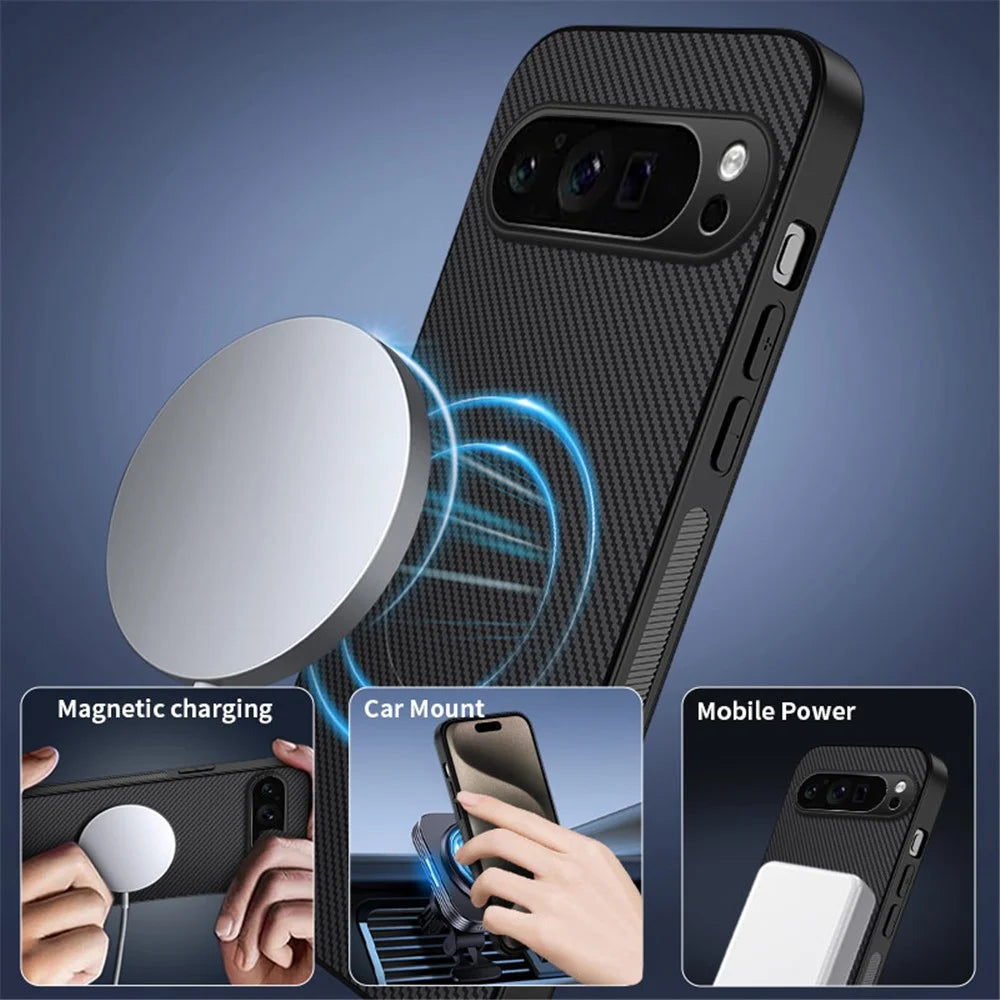 WANLONFENG For Google Pixel 9 Pro XL Magnetic Case  TQ Series Carbon Fiber Texture PC TPU Phone Cover - Black - 4
