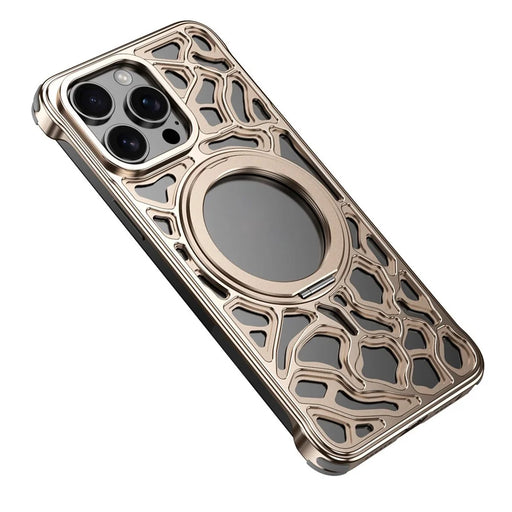 For iPhone 16 Pro Max Bumper Case Alloy Metal Borderless Back Cover with Magnetic Kickstand - Desert Gold - 1