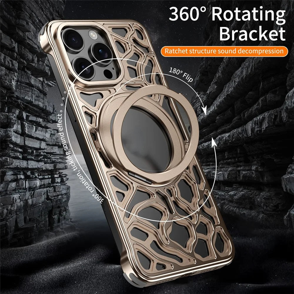 For iPhone 16 Pro Max Bumper Case Alloy Metal Borderless Back Cover with Magnetic Kickstand - Desert Gold - 3