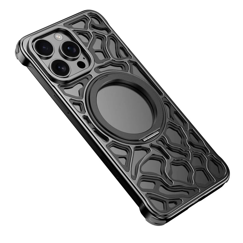 For iPhone 16 Pro Bumper Case Alloy Metal Borderless Back Cover with Magnetic Kickstand - Black - 1