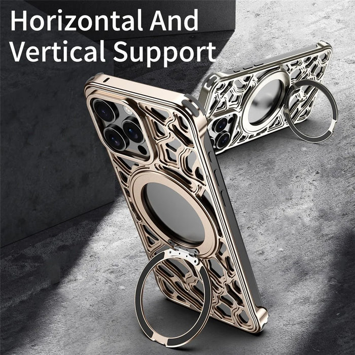 For iPhone 15 Pro Max Bumper Case Alloy Metal Borderless Back Cover with Magnetic Kickstand - Desert Gold - 5