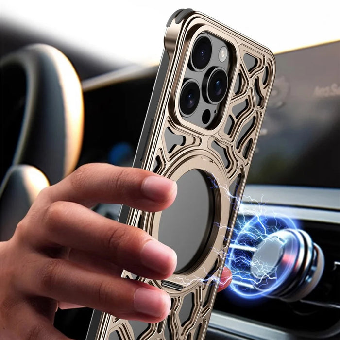 For iPhone 15 Pro Max Bumper Case Alloy Metal Borderless Back Cover with Magnetic Kickstand - Desert Gold - 7