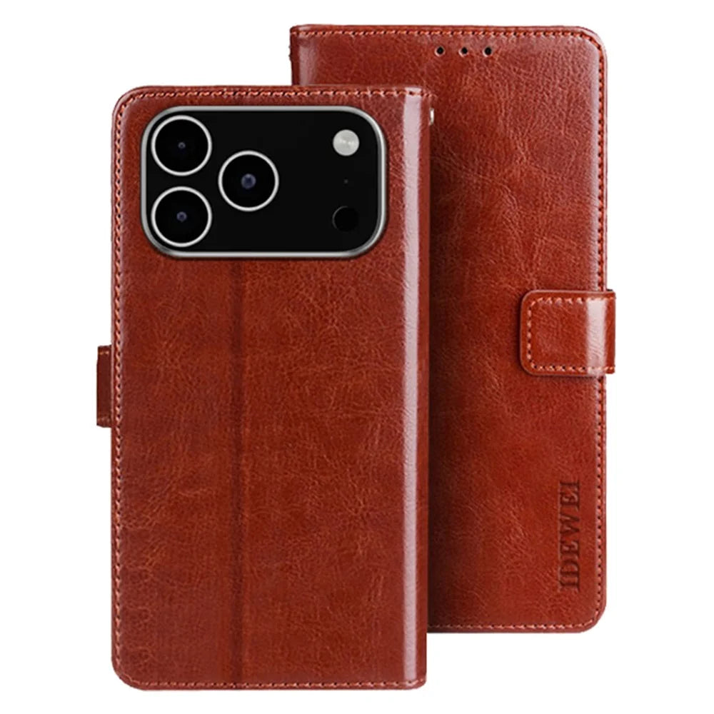 IDEWEI For iPhone 18 Pro / 17 Pro Stand Case Crazy Horse Texture Leather Phone Cover - Brown - 1