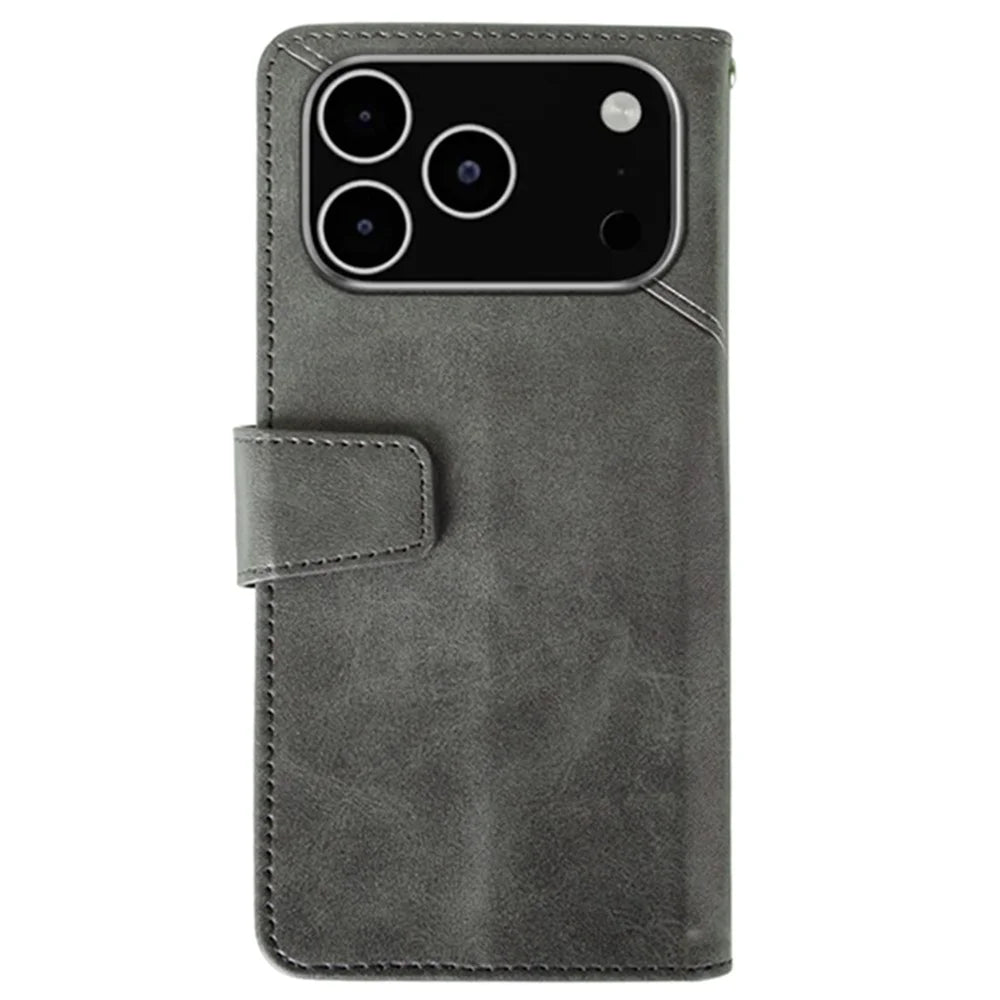 IDEWEI For iPhone 18 Pro / 17 Pro Case Leather Wallet Phone Cover Stand Calf Texture - Grey - 5