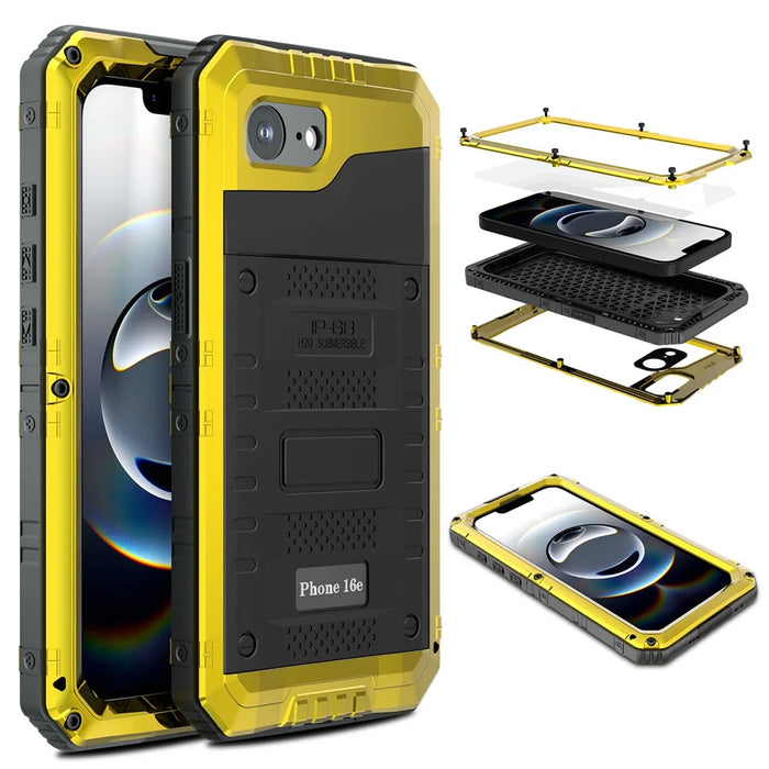 IP68 Waterproof Phone Case for iPhone 17e / 16e Metal + Silicone Cover with Screen Protector - Yellow - 1
