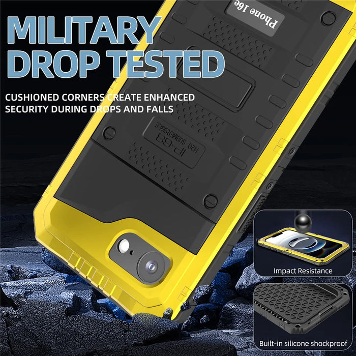 IP68 Waterproof Phone Case for iPhone 17e / 16e Metal + Silicone Cover with Screen Protector - Yellow - 4